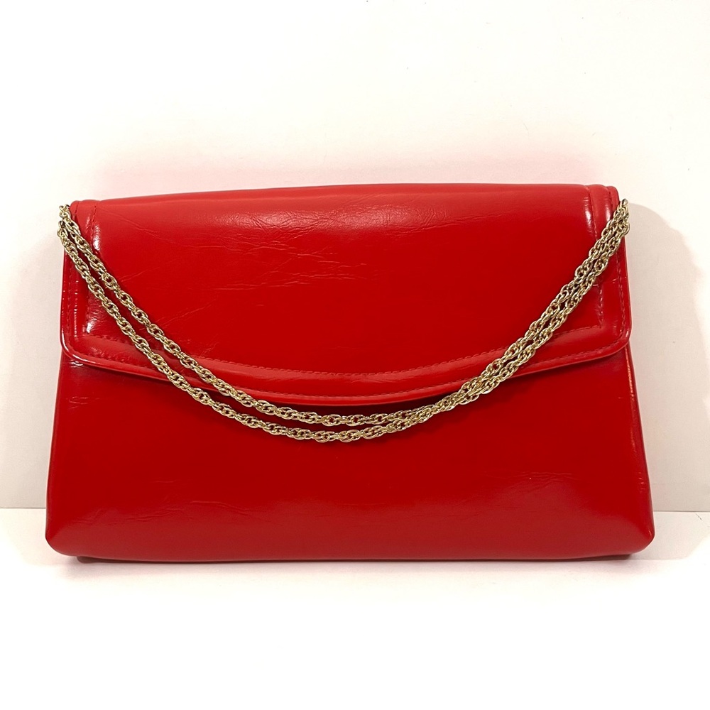Red Leather Clutch with Gold Chain Strap